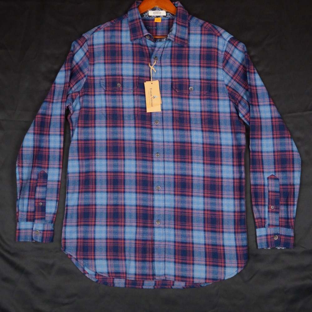 Tailor Vintage Flannel Shirt Mens M Blue Red Plaid Long Sleeve 100% Cotton NWT